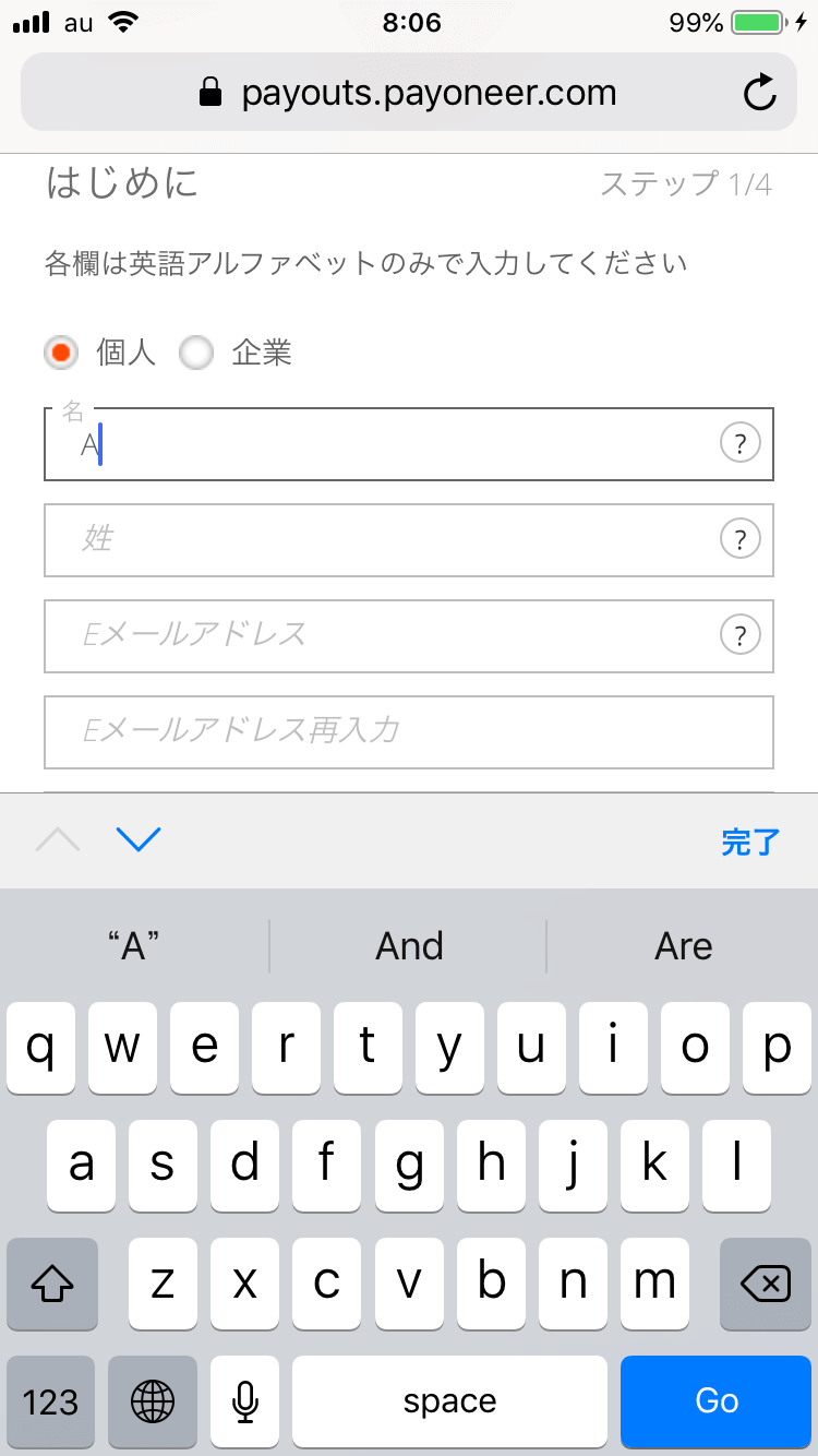 入力中も項目名消えない事例 入力後 payoneer